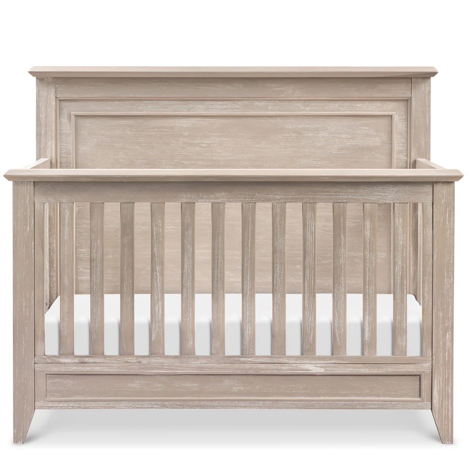 Elegant rustic nursery crib with a clean flat top silhouette for a warm, inviting baby room
