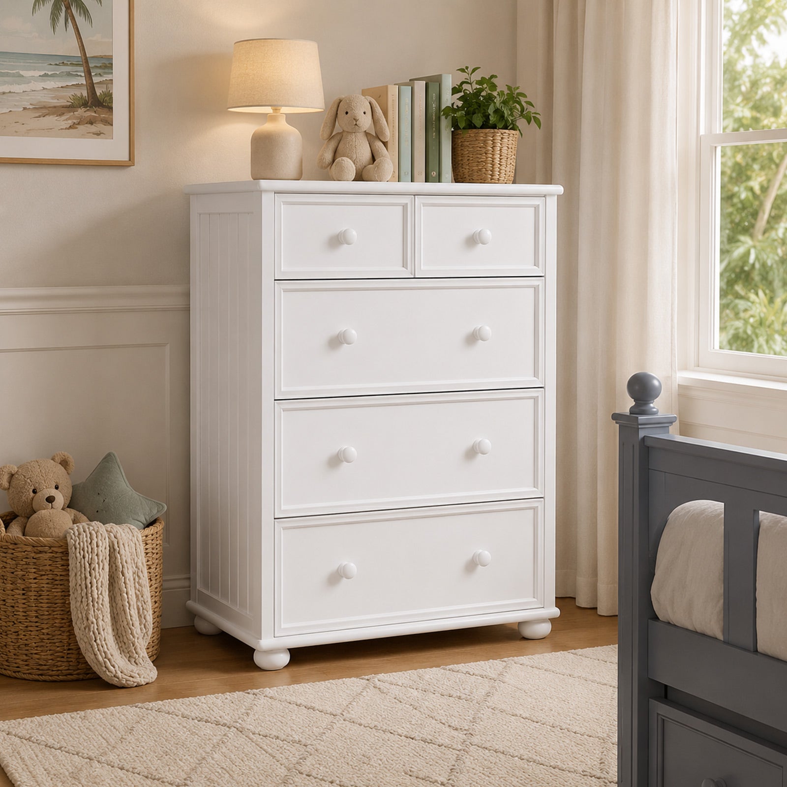 KFS-235 Coastal Cottage White 5-Drawer Chest crafted from environmentally friendly hardwood with full-extension drawers, ideal for kids, teen, guest, and vacation home bedrooms. Available at Kids Furniture Superstore serving Los Angeles, Pasadena, Glendale, Eagle Rock, Burbank, Highland Park, La Cañada Flintridge, and La Crescenta.