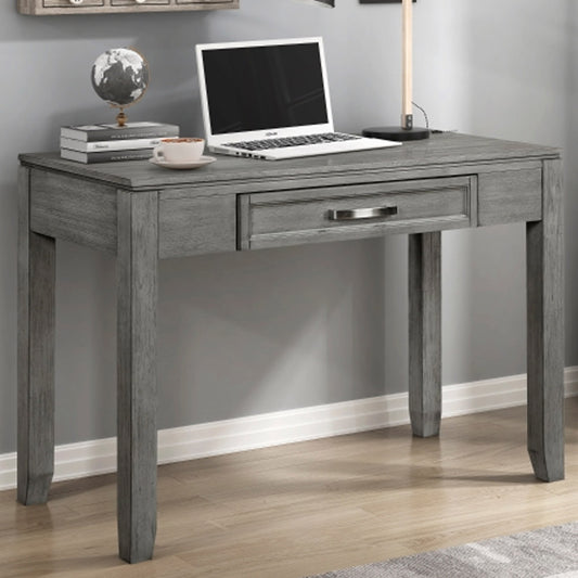 Gray finish okume veneer writing desk with single drawer, transitional rustic design, perfect for small home offices in Los Angeles, Eagle Rock, Pasadena, Glendale, and surrounding areas