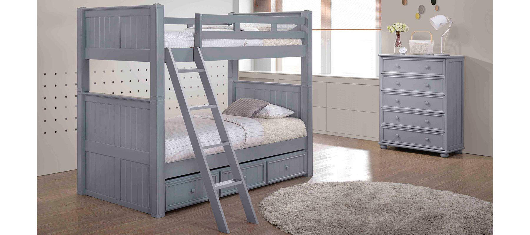 Gray twin bunk bed with storage drawers in kids room – available at Kids & Baby Superstore in Eagle Rock, Los Angeles near Glendale and Pasadena