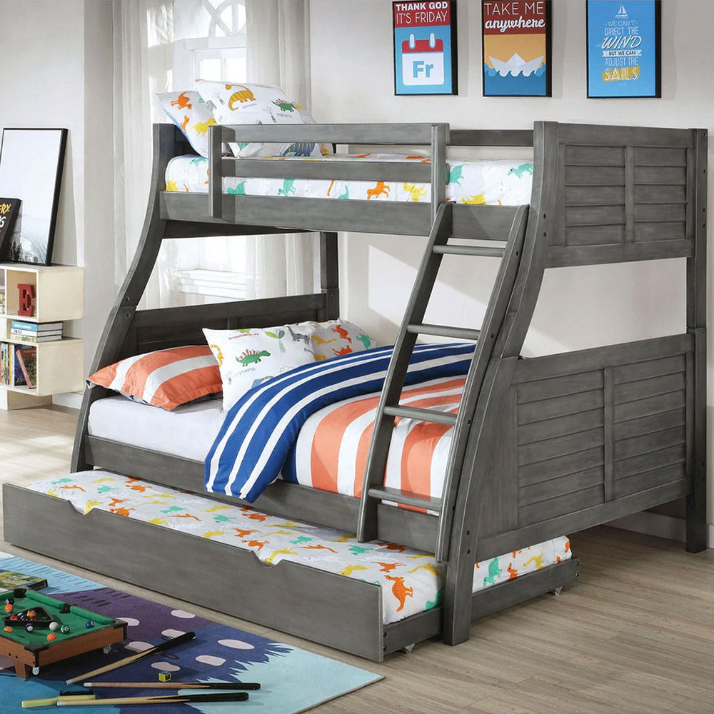 Gray twin over full bunk bed with plank design and ladder in Los Angeles