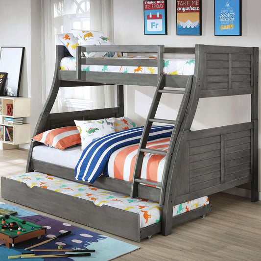 Gray twin over full bunk bed with plank design and ladder in Los Angeles