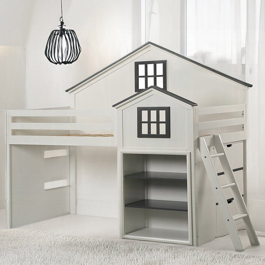 Gray and white house-shaped loft bed with built-in bookshelf for kids’ rooms in Los Angeles, Pasadena, Glendale, and Eagle Rock.