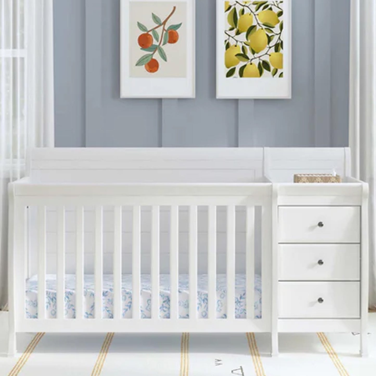 4-in-1 convertible crib with changing table showing crib, toddler bed, daybed, and full-size bed conversion stages.