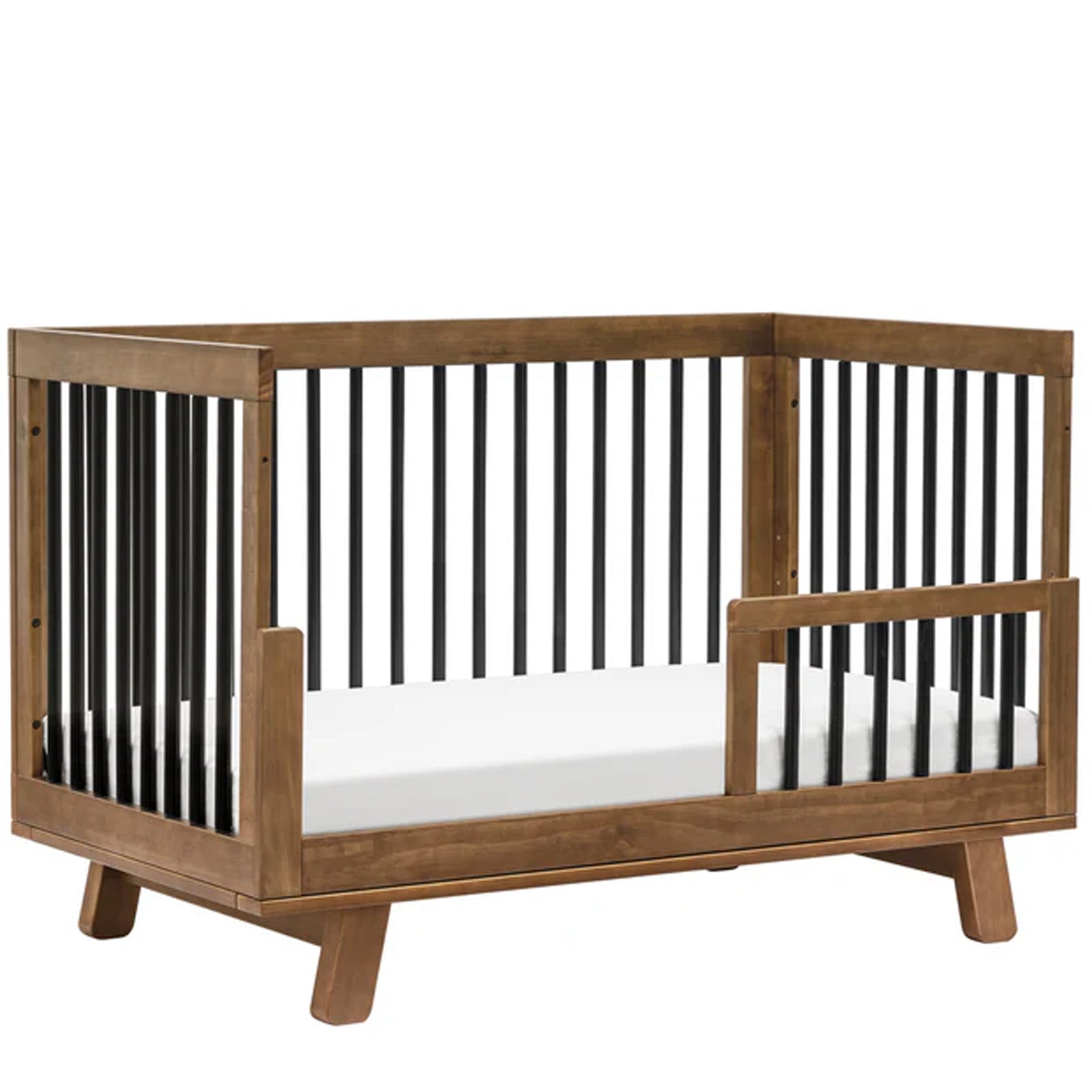 Elegant Natural Walnut and Black convertible crib crafted for safety, durability, and timeless style