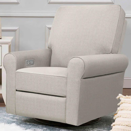 Front view of Monroe power recliner and swivel glider in performance grey eco-twill, a modern nursery chair for Los Angeles homes