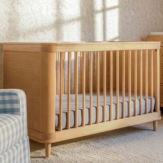 Marin 3-in-1 convertible crib in honey finish with cane panels, stylish nursery furniture for Los Angeles, Eagle Rock, Pasadena, and Glendale.