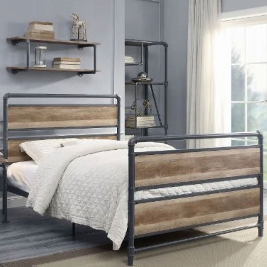 Industrial style full bed with antique oak panels and metal pipe frame – 35885F