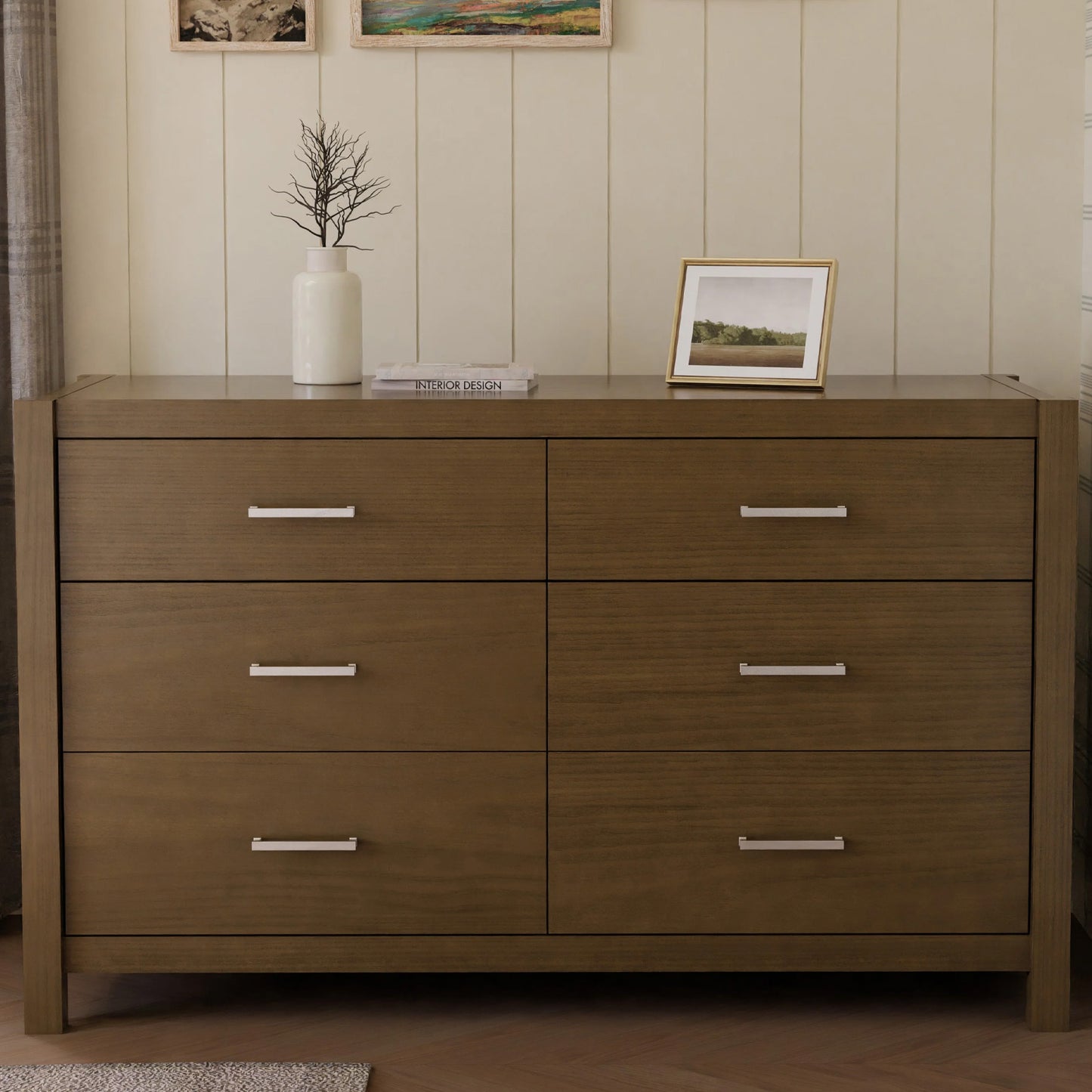 Modern farmhouse nursery dresser with gold hardware and six spacious drawers