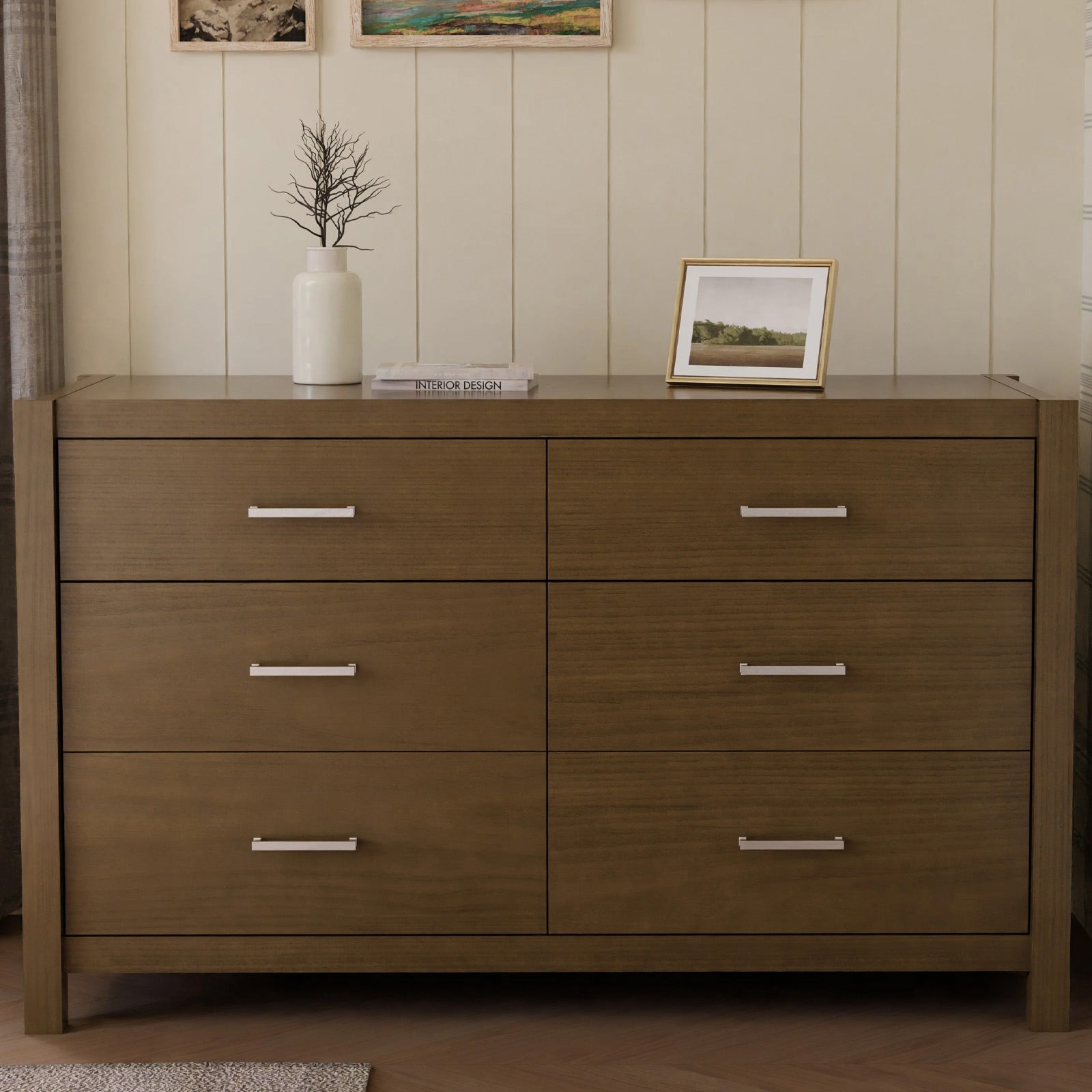 Modern farmhouse nursery dresser with gold hardware and six spacious drawers
