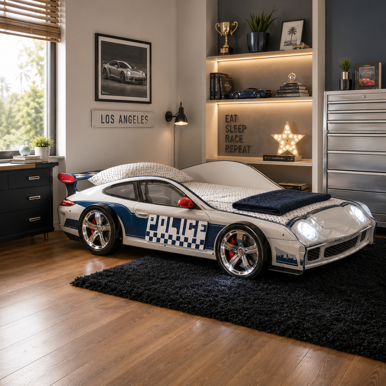 KFS-401 blue twin race car bed with LED headlights and illuminated wheels for kids' bedrooms at Kids Furniture Superstore serving Los Angeles and Southern California.