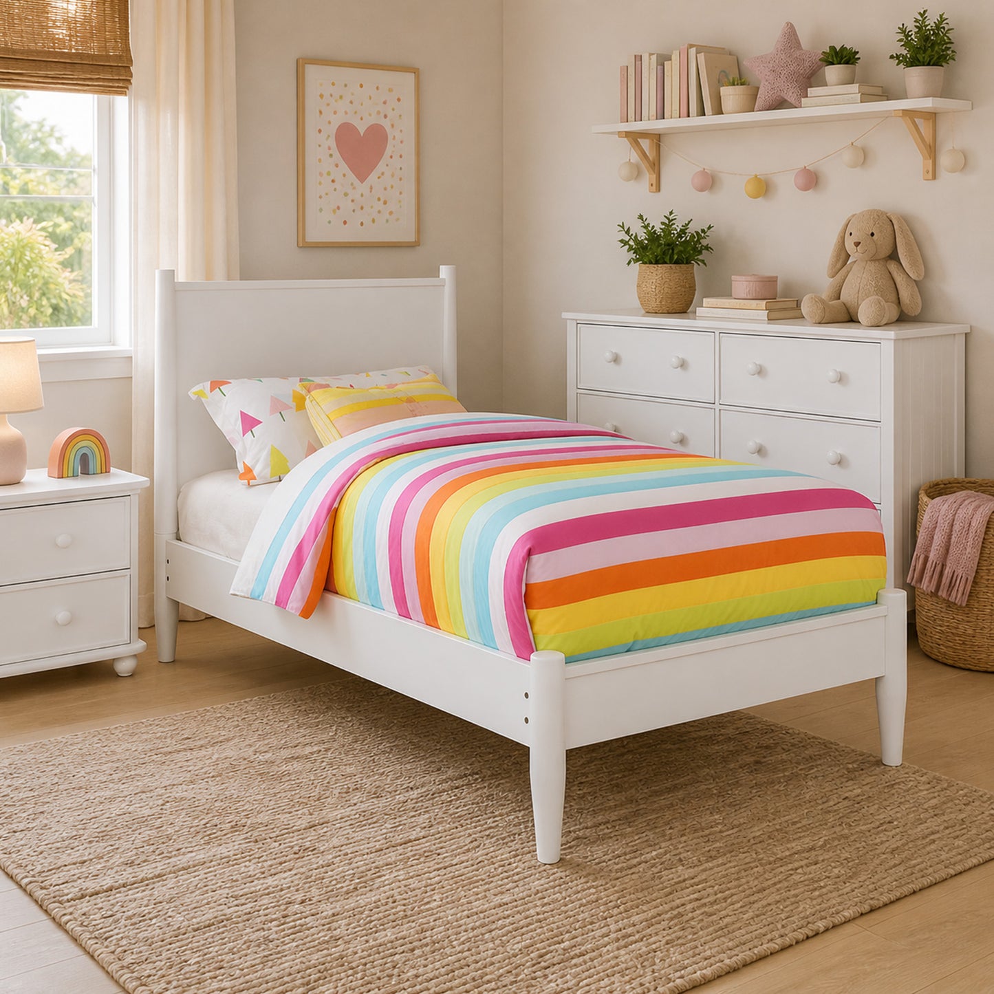 KFS-402 mid-century modern white platform bed with natural wood headboard for kids, teens, and guest bedrooms at Kids Furniture Superstore serving Los Angeles and Southern California.