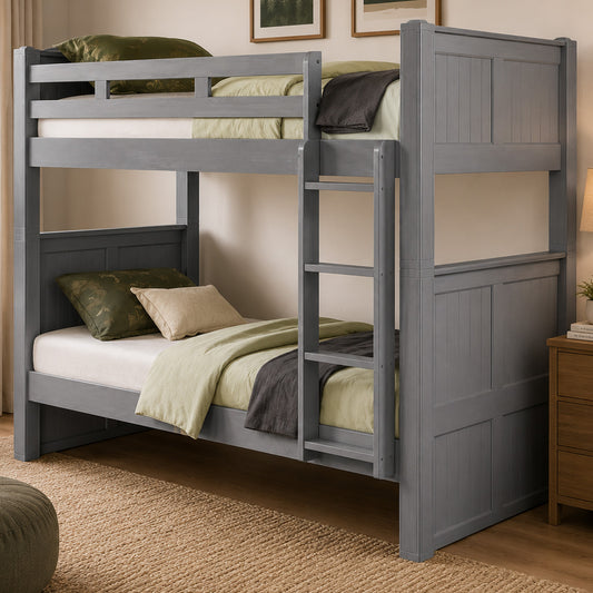 KFS-5001 Coastal Cottage Gray Twin Over Twin Bunk Bed with beadboard detailing, hardwood construction, full-length guardrails, angled ladder, and convertible design that separates into two twin beds. Available at Kids Furniture Superstore serving Los Angeles, Pasadena, Glendale, Eagle Rock, Burbank, Highland Park, La Cañada Flintridge, and La Crescenta.