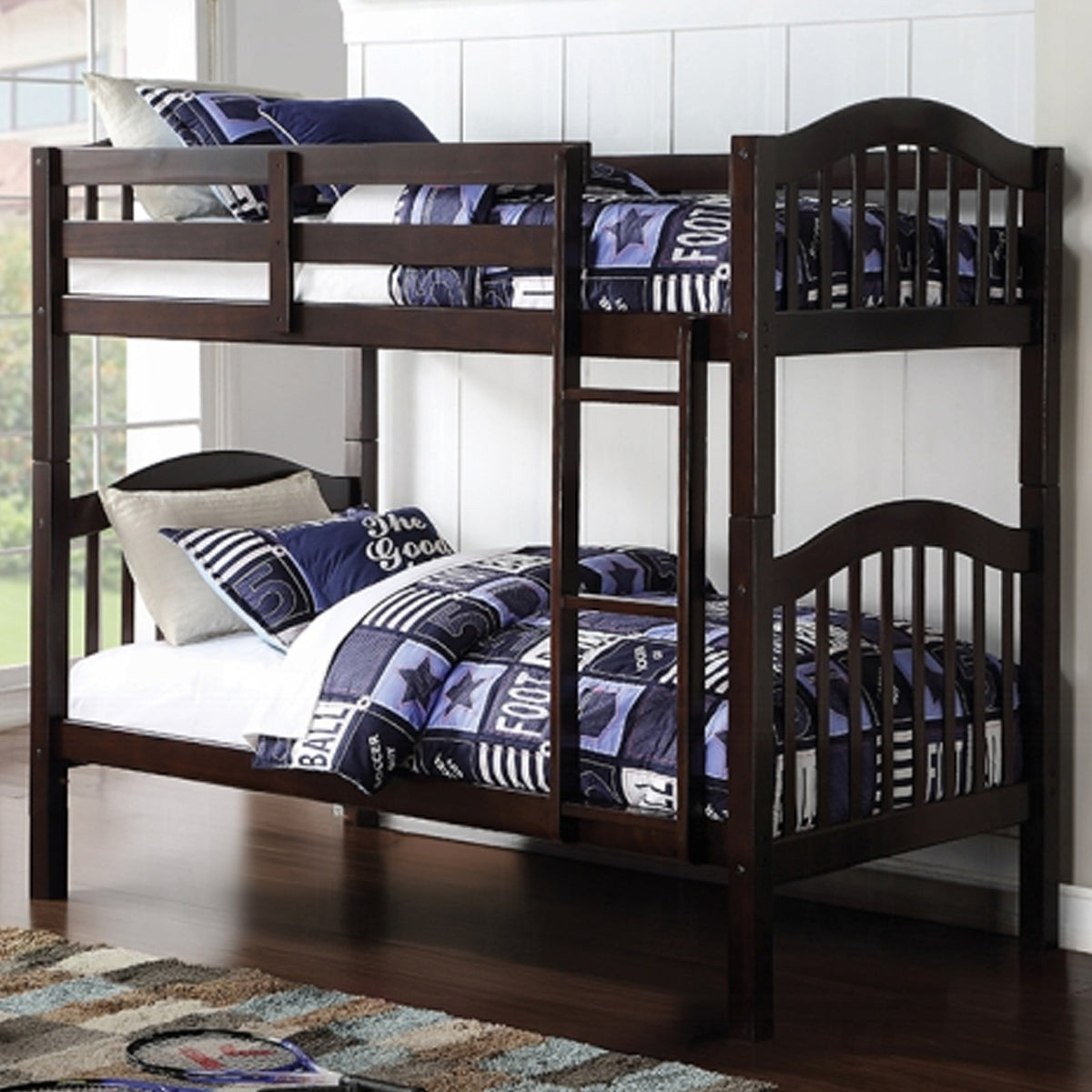 KFS-5003 espresso twin over twin convertible bunk bed with guardrails and front ladder