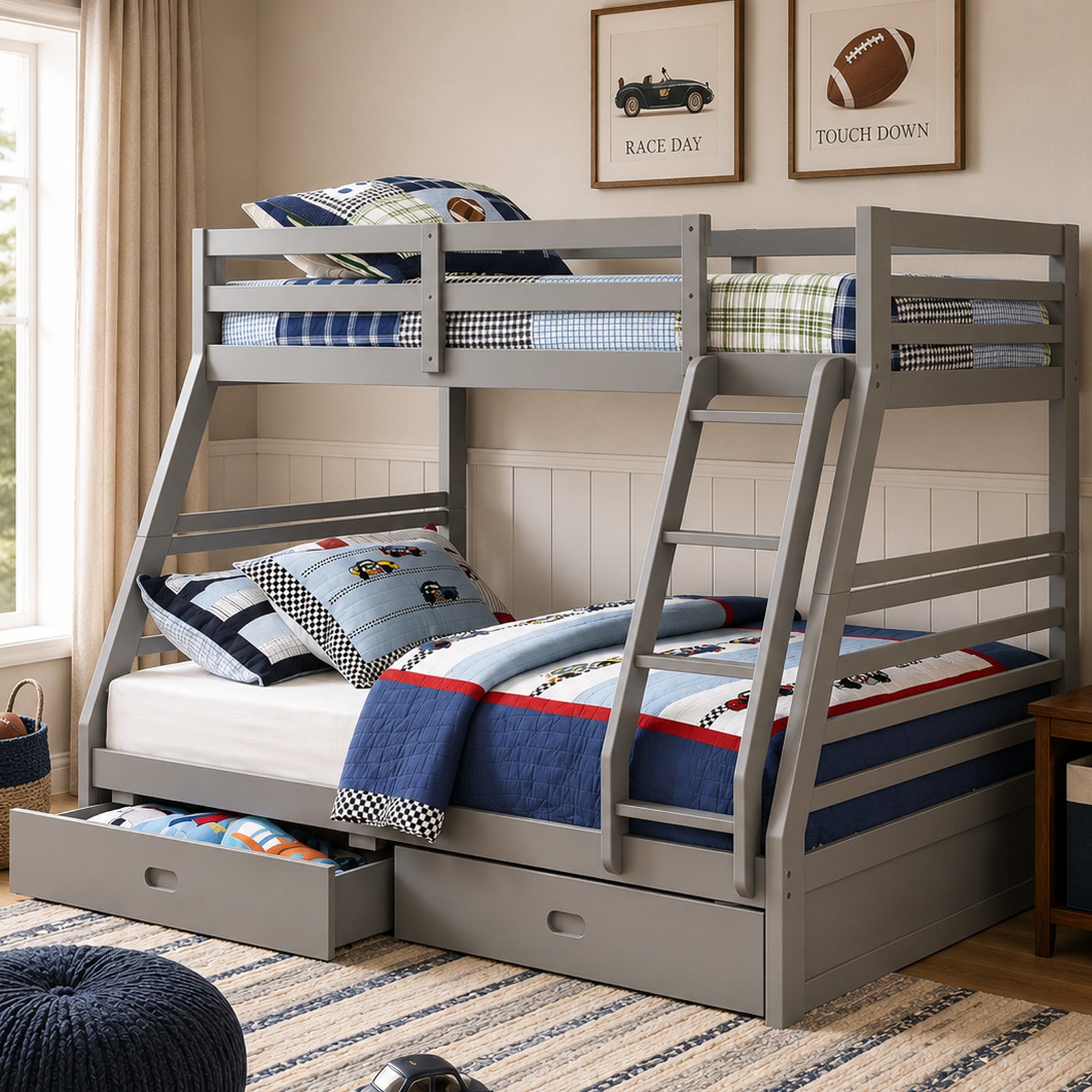 KFS-534 Transitional Gray Twin Over Full Storage Bunk Bed with two built-in drawers, solid wood construction, attached ladder, guardrails, and slat support. Available at Kids Furniture Superstore serving Los Angeles, Eagle Rock, Pasadena, Glendale, Burbank, Highland Park, La Cañada Flintridge, and La Crescenta.