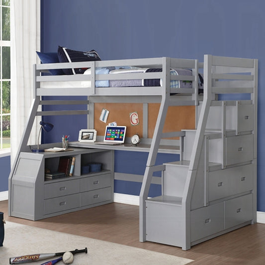 KFS-6003 gray twin loft bed with built-in desk, storage ladder and drawers