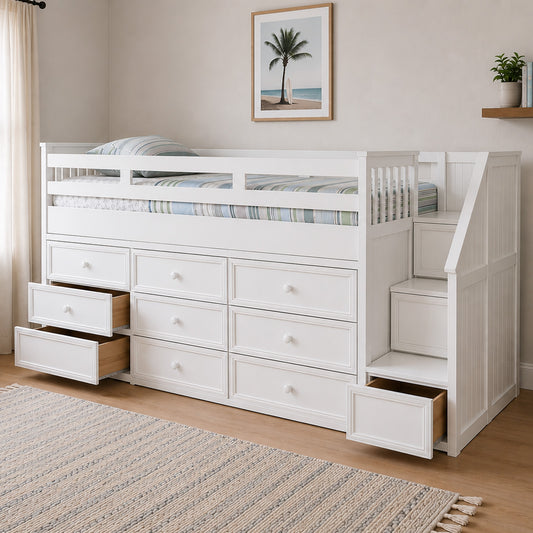KFS-601 white full low loft bed with storage stairs and built-in drawers for kids and teen bedrooms at Kids Furniture Superstore serving Los Angeles, Pasadena, Glendale, Eagle Rock, and Southern California.