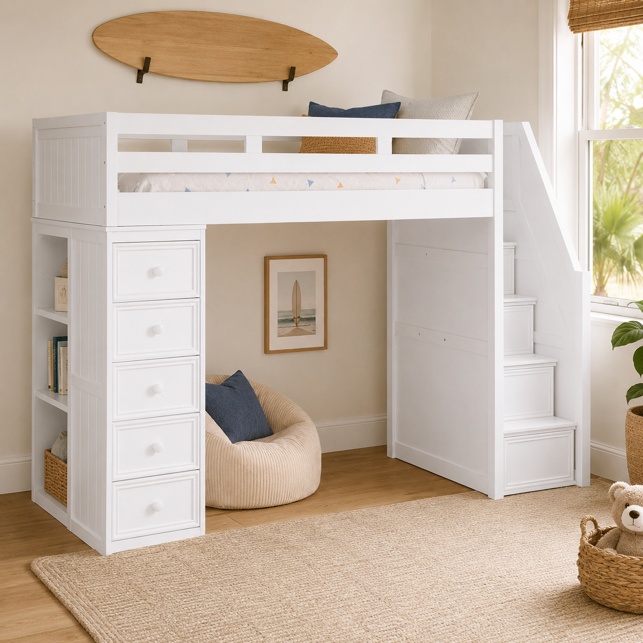 KFS-642 White Twin Loft Bed with built-in storage stairs, five-drawer chest, three open shelves, full-length guardrails, Euro-slat support, and cottage-style beadboard detailing. Available at Kids Furniture Superstore serving Los Angeles, Eagle Rock, Pasadena, Glendale, Burbank, Highland Park, La Cañada Flintridge, and La Crescenta.