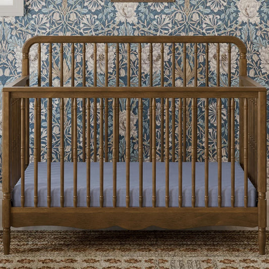 Natural Walnut spindle convertible crib available at our Los Angeles baby furniture showroom