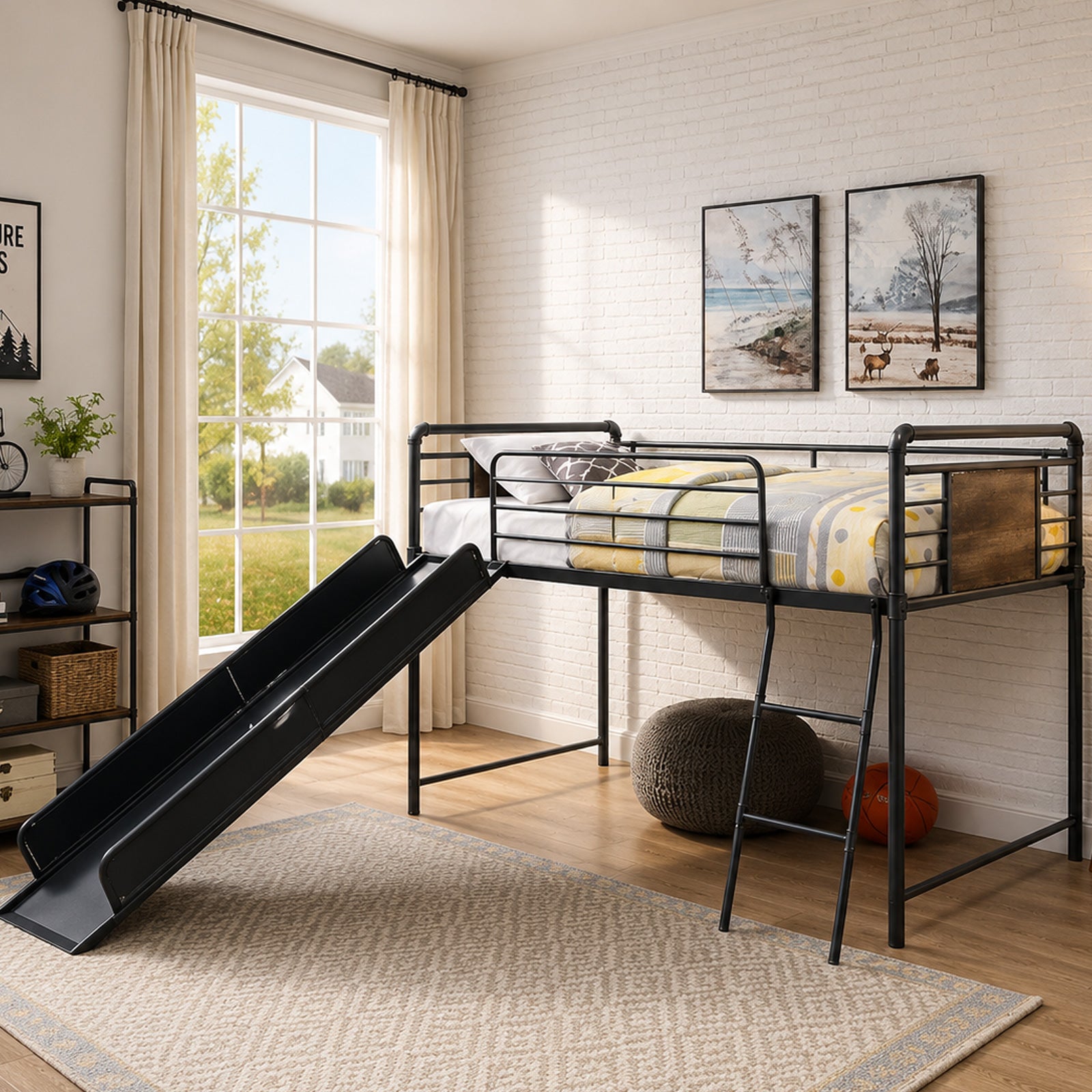 KFS-6015 low profile twin loft bed with slide in antique oak and black metal, available at Kids Furniture Superstore Los Angeles