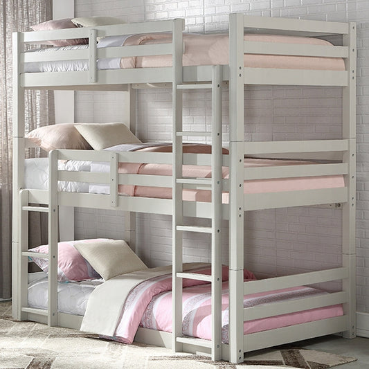 Light gray triple twin wooden bunk bed with guard rails and ladders for Pasadena kids’ bedrooms.
