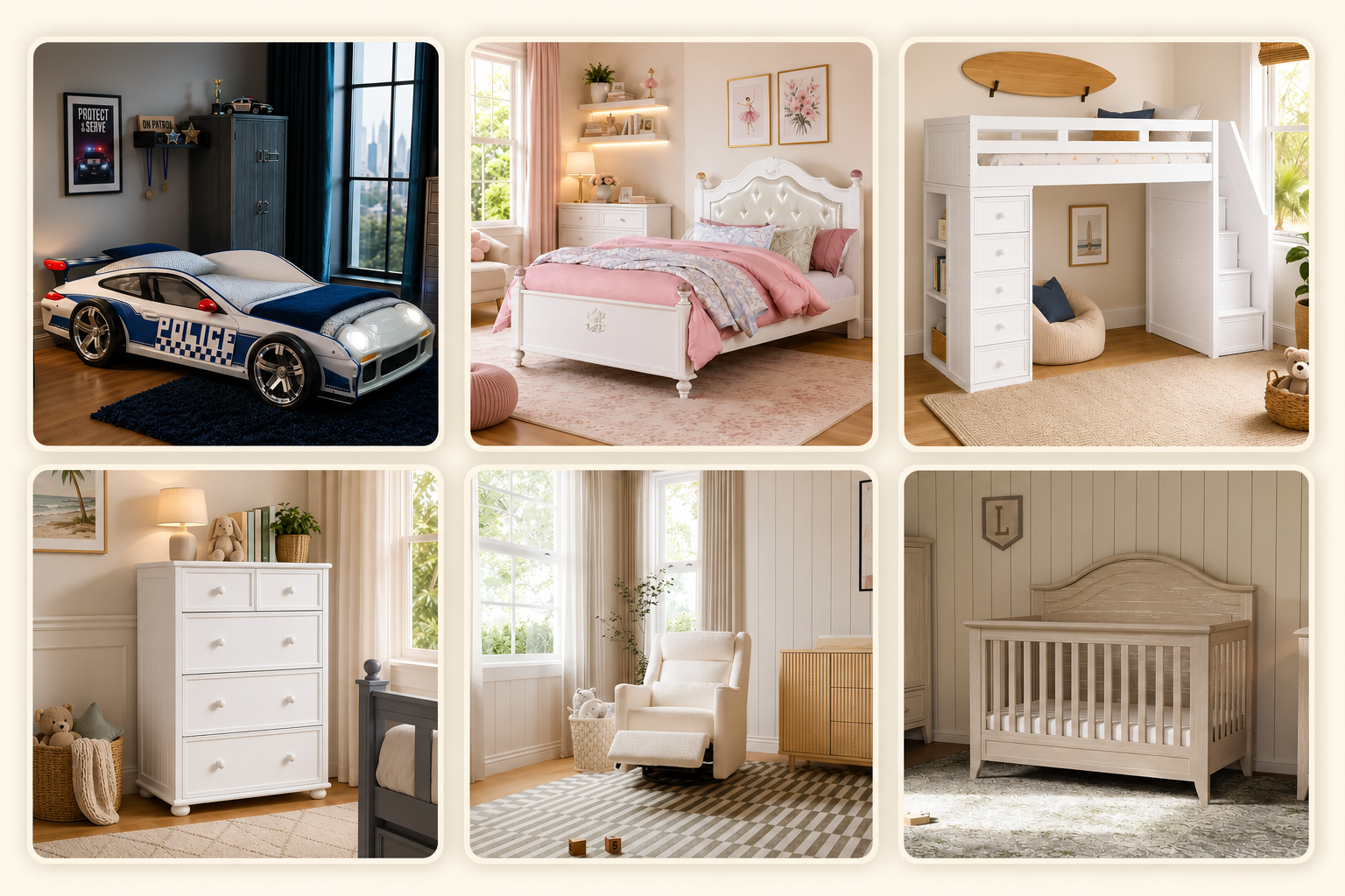 Crib, race car bed and bunk bed available at our Los Angeles kids furniture showroom