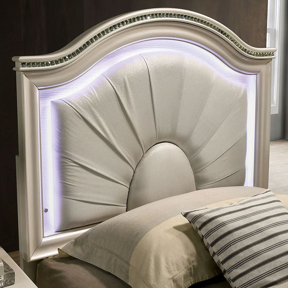 Modern pearl white twin bed with soft padded LED headboard — elegant kids bedroom furniture from Kids & Baby Superstore Eagle Rock Los Angeles, near Pasadena and Glendale.