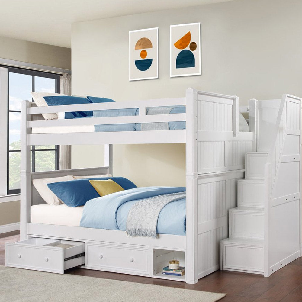Queen bunk bed with storage stairs and trundle options in white – Los Angeles
