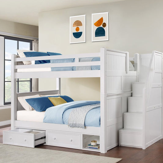Queen bunk bed with storage stairs and trundle options in white – Los Angeles