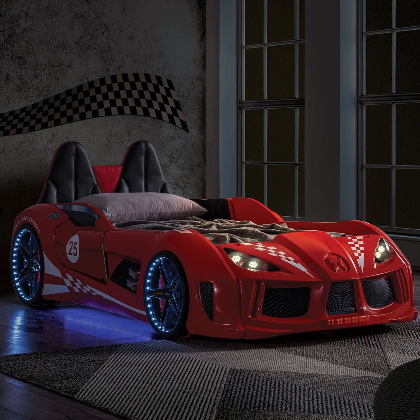 Red Twin Race Car Bed with Opening Doors for Kids