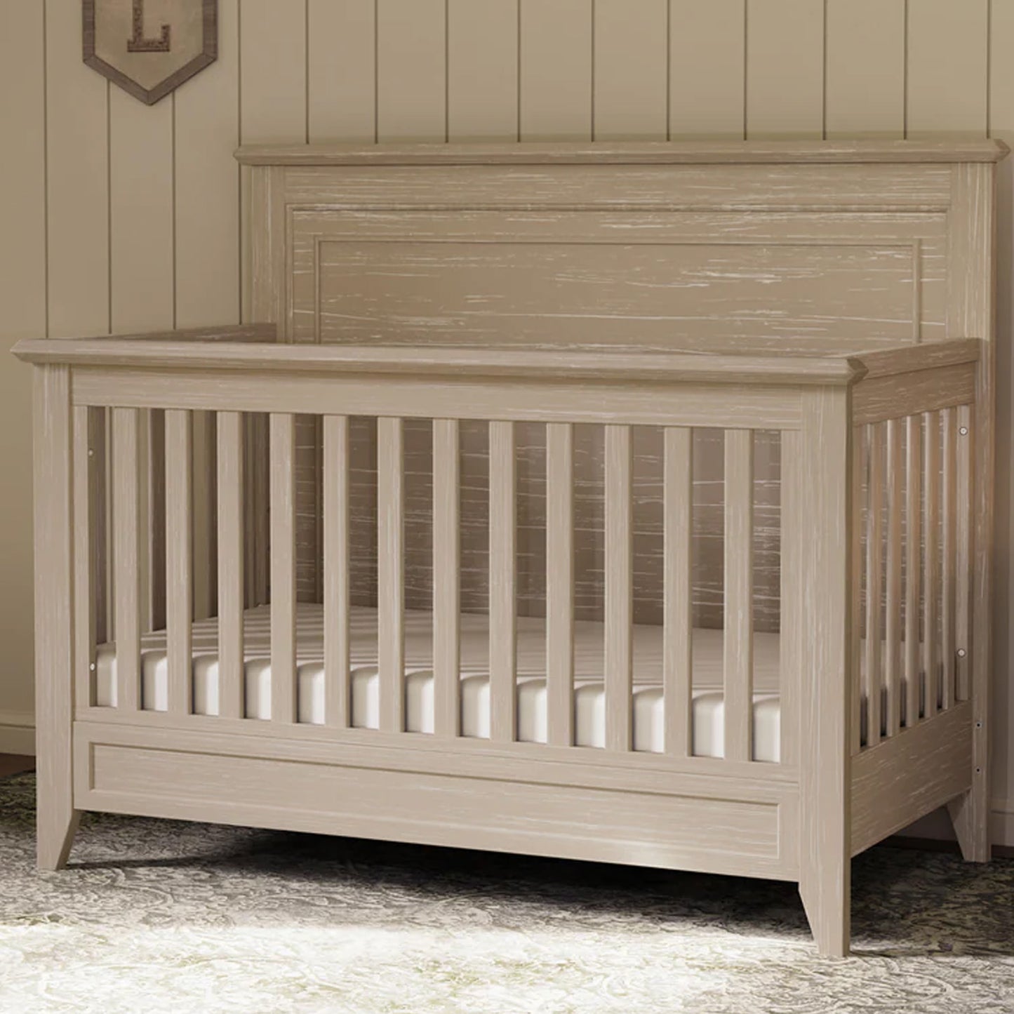Solid wood Barrow Rustic convertible crib designed to grow with your child from infancy through childhood