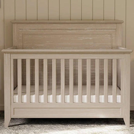 Beckett rustic 4-in-1 convertible flat top crib in sandbar finish, timeless nursery furniture for Los Angeles, Eagle Rock, Pasadena, and Glendale.