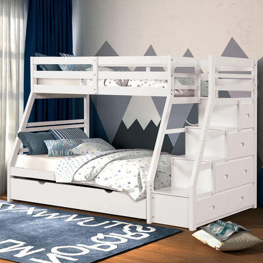 White Solid Wood Bunk Bed with Built-In Storage Drawers