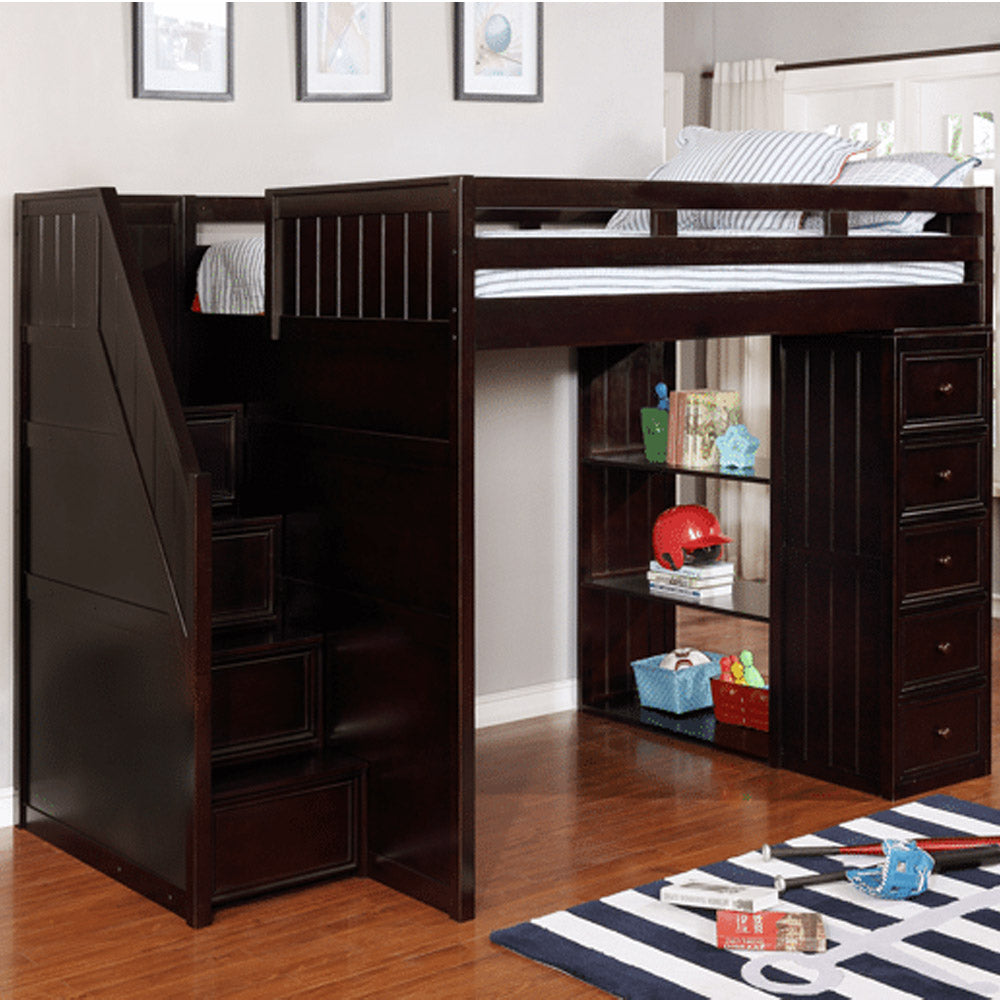 Thurston Black Full Size Loft Bed with stairs and storage drawers – kids furniture Los Angeles Eagle Rock