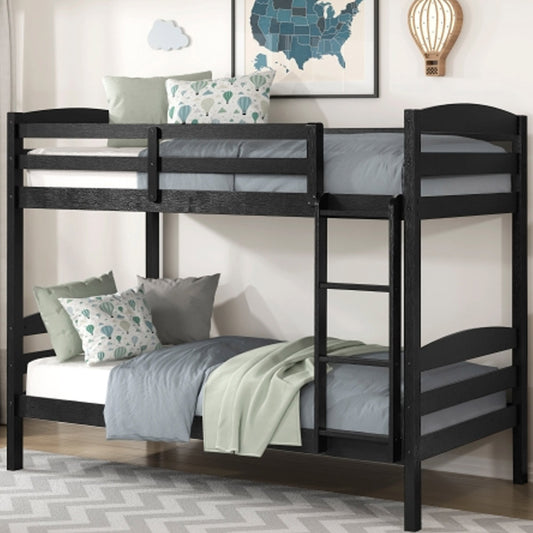 Modern black twin over twin bunk bed with safety rails and ladder, sold in Eagle Rock, Los Angeles