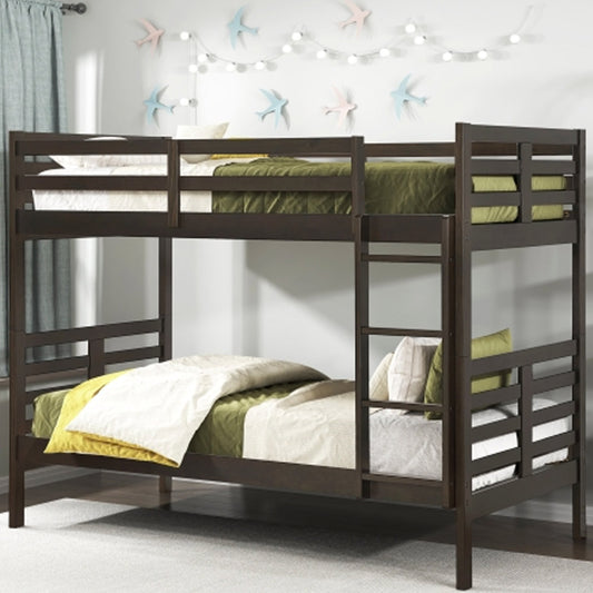 Twin over twin dark brown bunk bed with ladder and safety rails, available in Eagle Rock Los Angeles