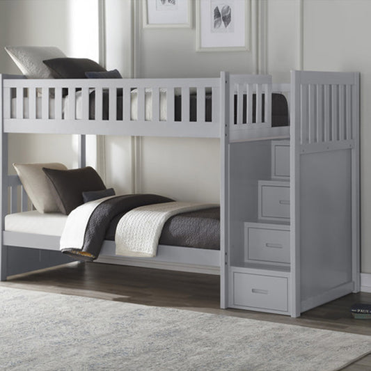 Gray twin over twin step bunk bed with storage drawers and guard rails, available in Eagle Rock Los Angeles