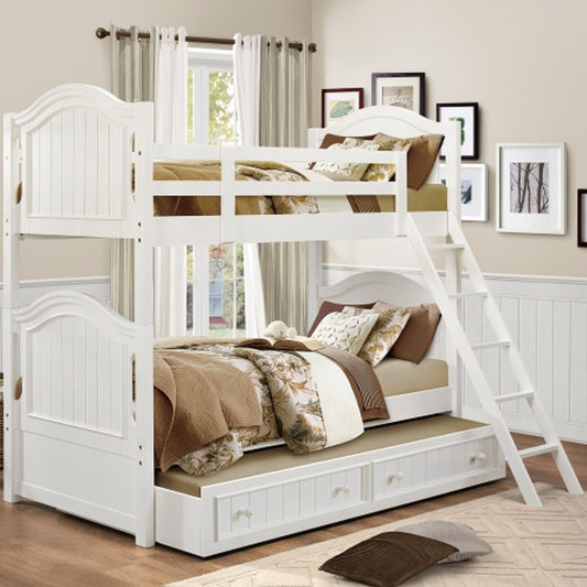 White twin bunk bed with pull-out trundle and guard rails, available in Eagle Rock, Los Angeles
