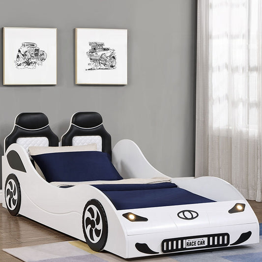 White twin car bed for kids with LED lights and padded headboard – Los Angeles