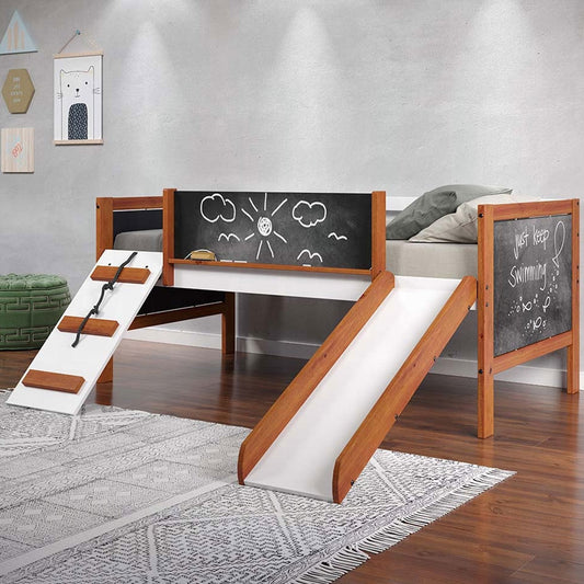 Twin loft bed with slide, chalkboard panels, and walnut white finish – BD01409