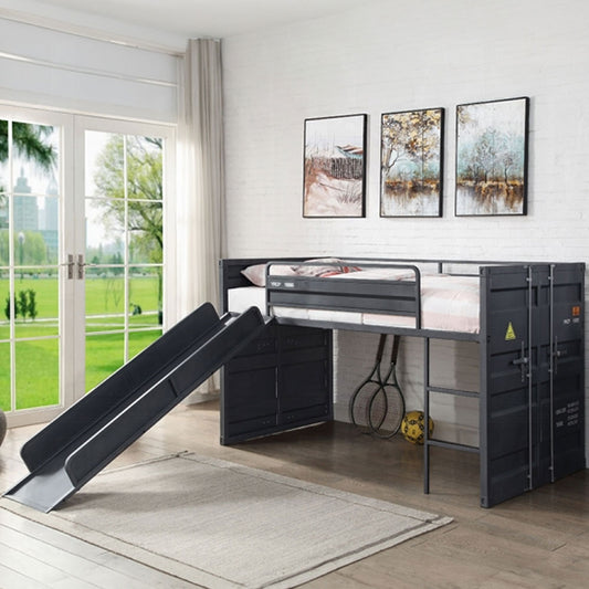 Twin loft bed with slide in gunmetal finish for kids in Eagle Rock, Los Angeles