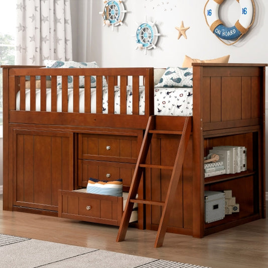 Twin low loft bunk bed in dark cherry with storage dresser and bookcase, available in Eagle Rock Los Angeles