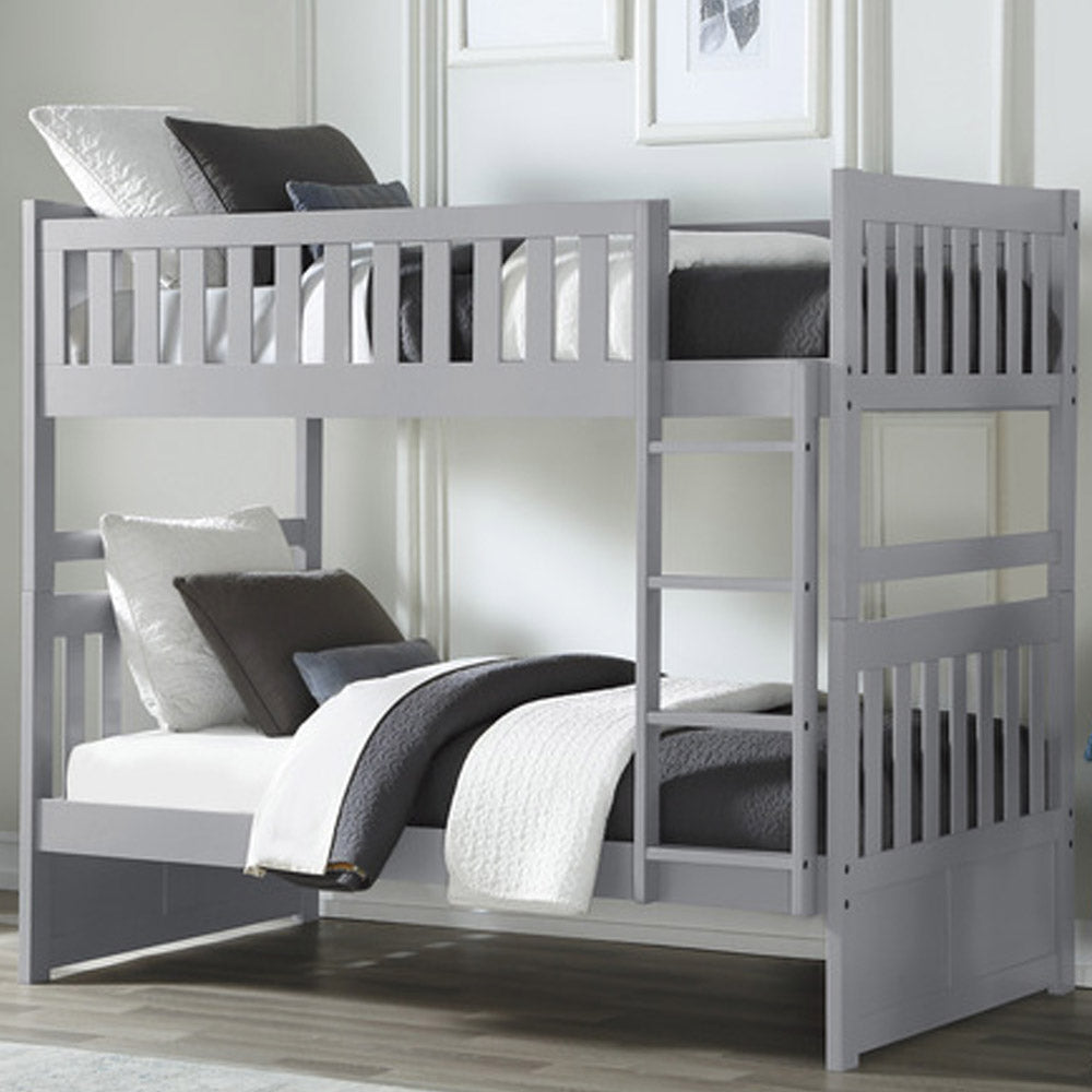Gray twin over twin bunk bed with ladder and safety rails – Kids room furniture in Los Angeles