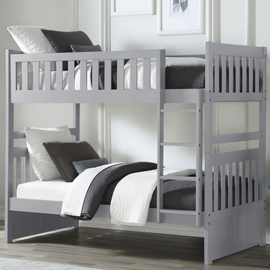 Gray twin over twin bunk bed with ladder and safety rails – Kids room furniture in Los Angeles