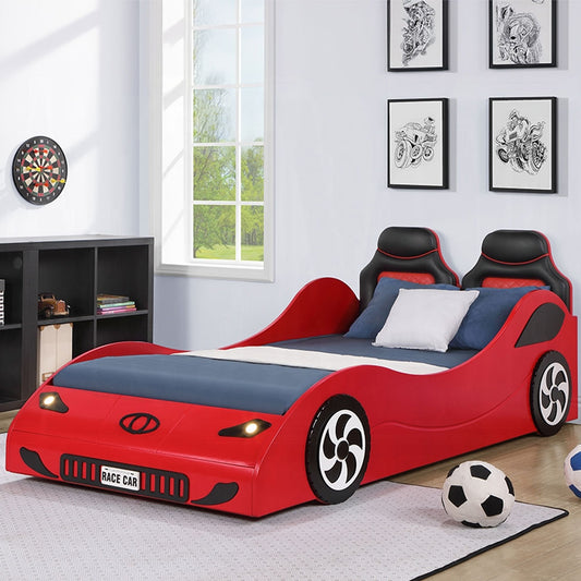 Red twin-size car bed for kids with LED lights and padded headboard – Los Angeles