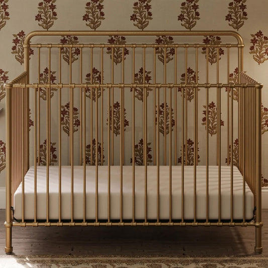 Vintage Gold Metal 4-in-1 Convertible Crib at Kids Furniture Superstore in Los Angeles.