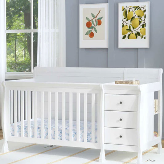 White convertible crib with built-in changing table – nursery furniture Los Angeles