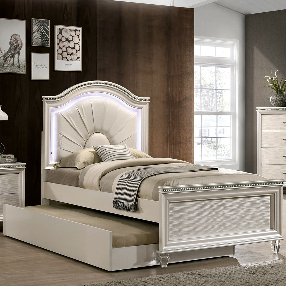 Luxury pearl white twin bed with LED headboard and pull-out trundle β modern kids furniture available at Kids & Baby Superstore in Eagle Rock Los Angeles, serving Pasadena, Glendale, and Highland Park.