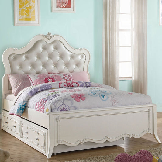 Elegant white full bed with tufted headboard, pearl finish, and storage drawers – perfect for girls’ bedrooms – 30500F