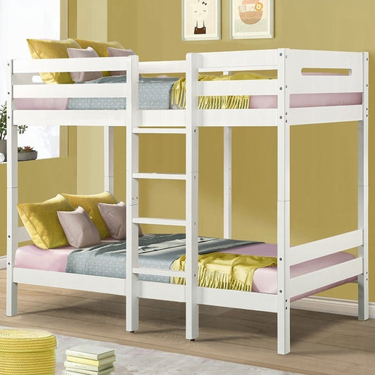 Minimalist White Twin Over Twin Wood Bunk Bed with Slats – No Box Spring Needed